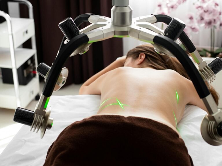 A woman undergoing a contemporary laser fat reduction treatment in a clinic.